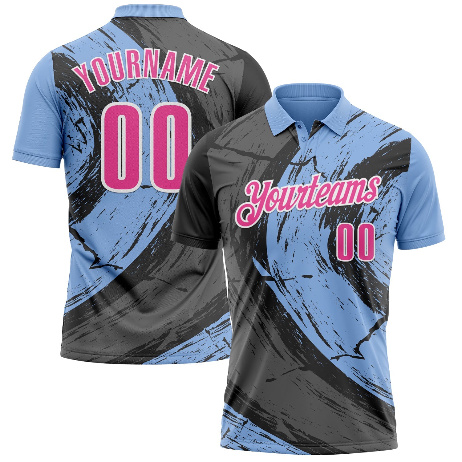 Custom Light Blue Pink-Steel Gray 3D Bowling Splash Ink Performance Polo Shirt - Main View