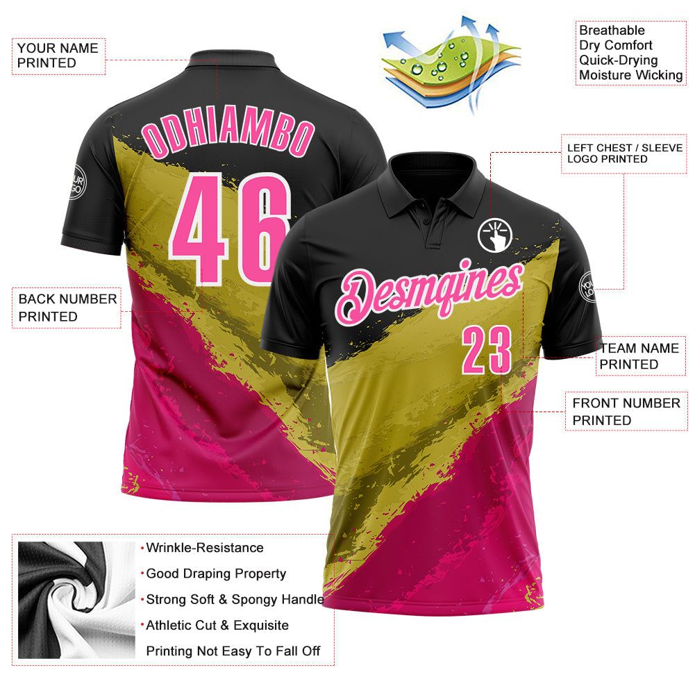Custom Black Pink-Old Gold 3D Bowling Splash Ink Performance Polo Shirt view 3