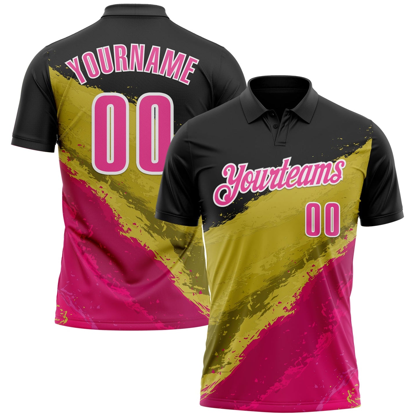Custom Black Pink-Old Gold 3D Bowling Splash Ink Performance Polo Shirt - Main View