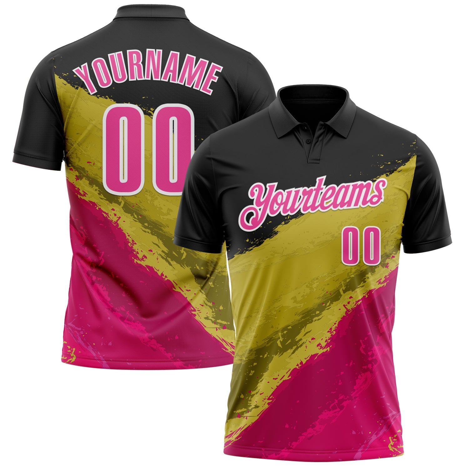 Custom Black Pink-Old Gold 3D Bowling Splash Ink Performance Polo Shirt - Main View