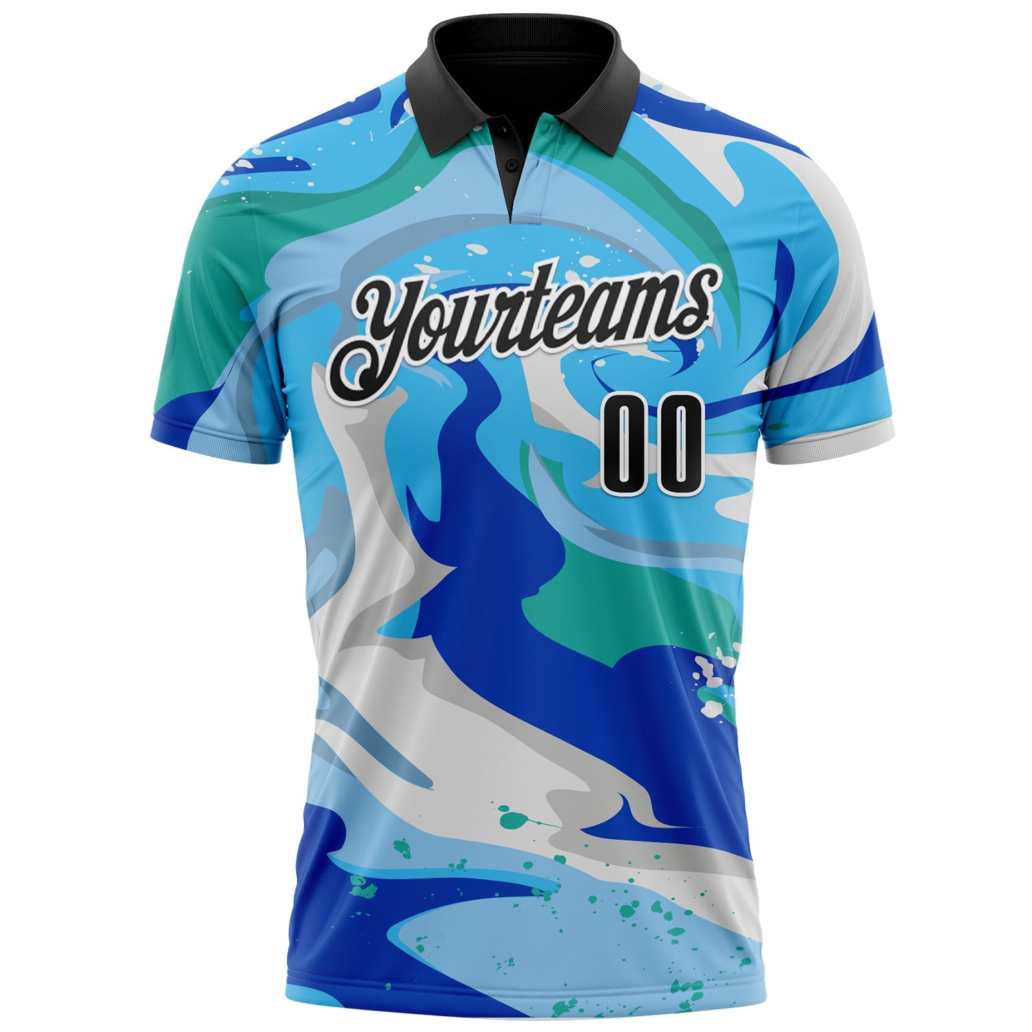 Custom Thunder Blue Black-Sky Blue 3D Bowling Splash Ink Performance Polo Shirt view 2