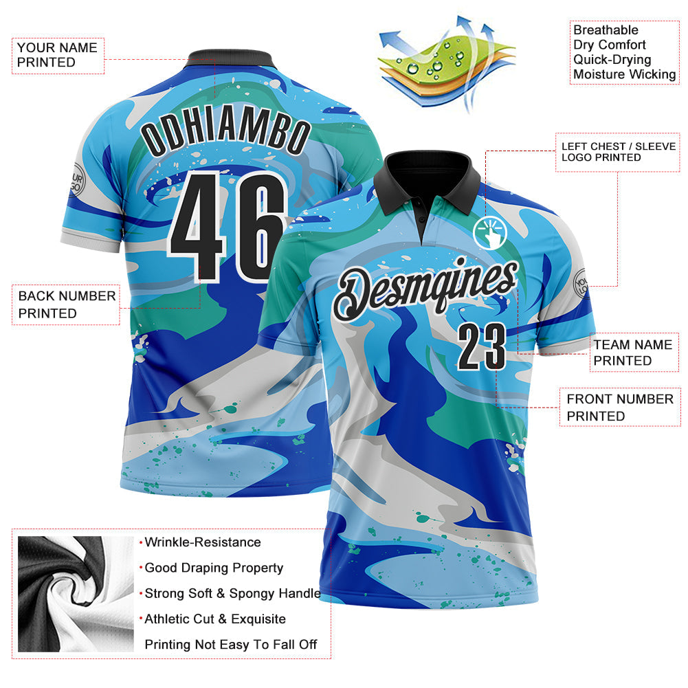 Custom Thunder Blue Black-Sky Blue 3D Bowling Splash Ink Performance Polo Shirt view 3