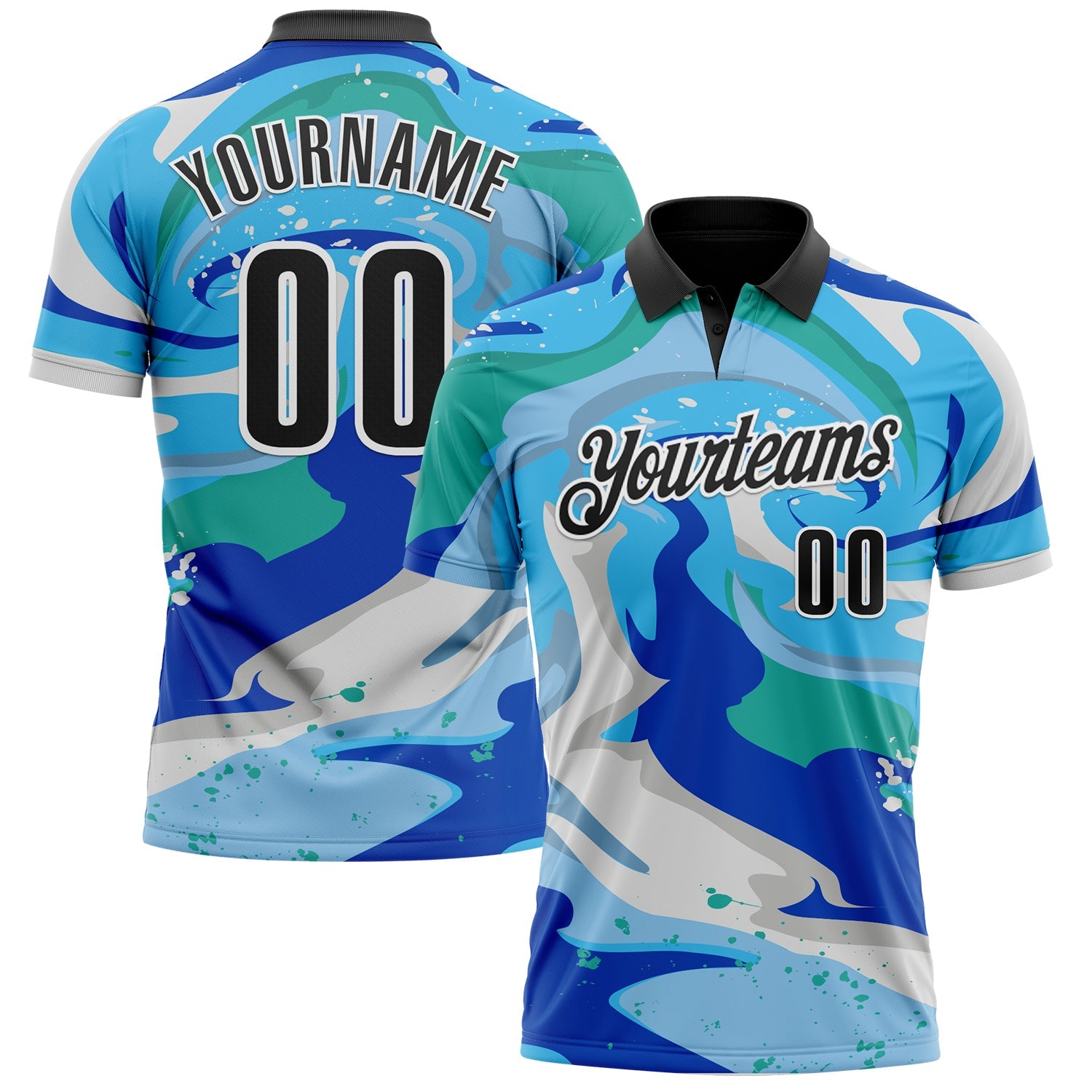 Custom Thunder Blue Black-Sky Blue 3D Bowling Splash Ink Performance Polo Shirt - Main View
