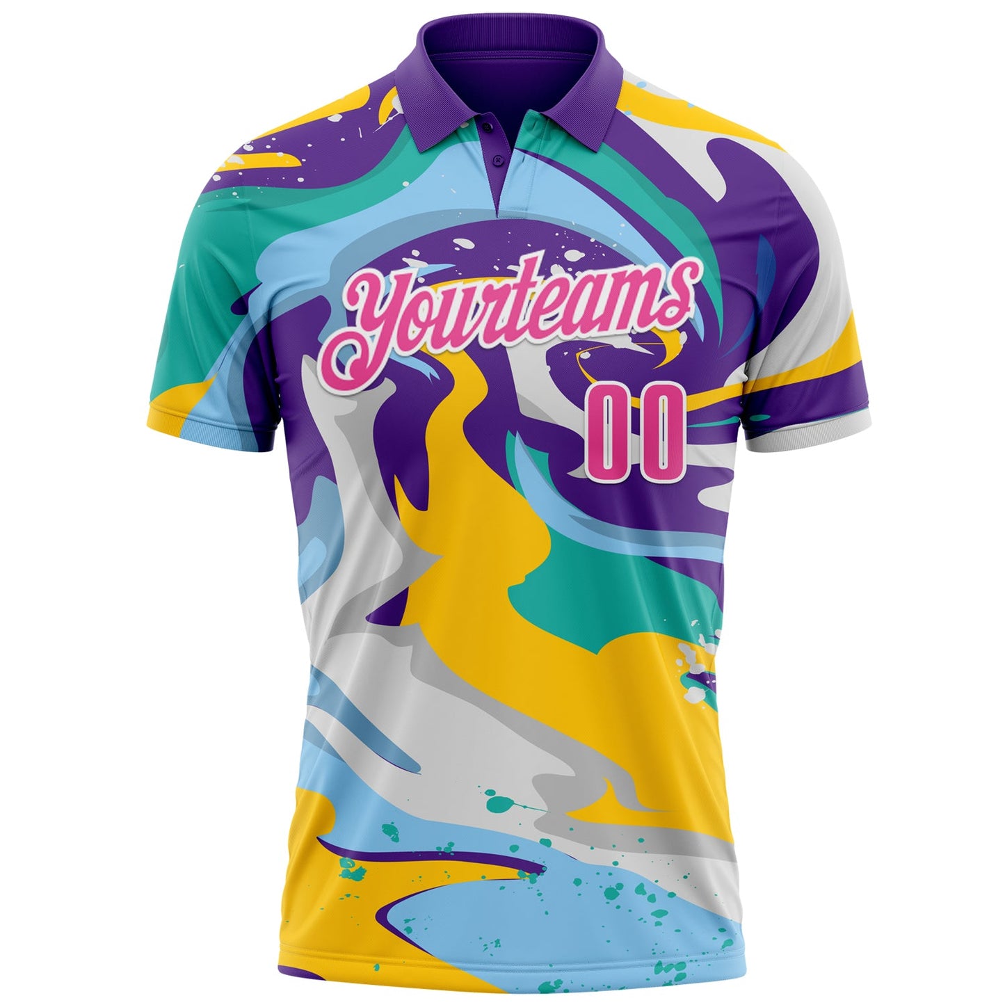 Custom Purple Pink Yellow-Aqua 3D Bowling Splash Ink Performance Polo Shirt view 2