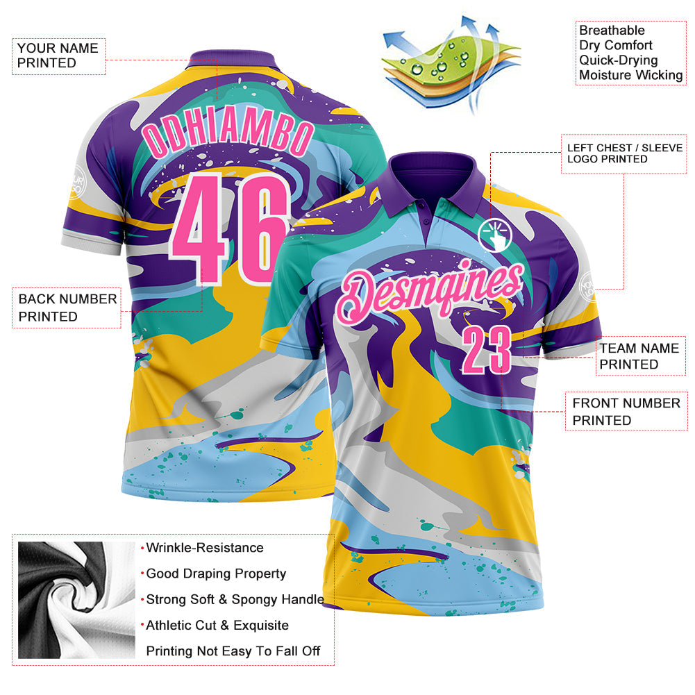 Custom Purple Pink Yellow-Aqua 3D Bowling Splash Ink Performance Polo Shirt view 3
