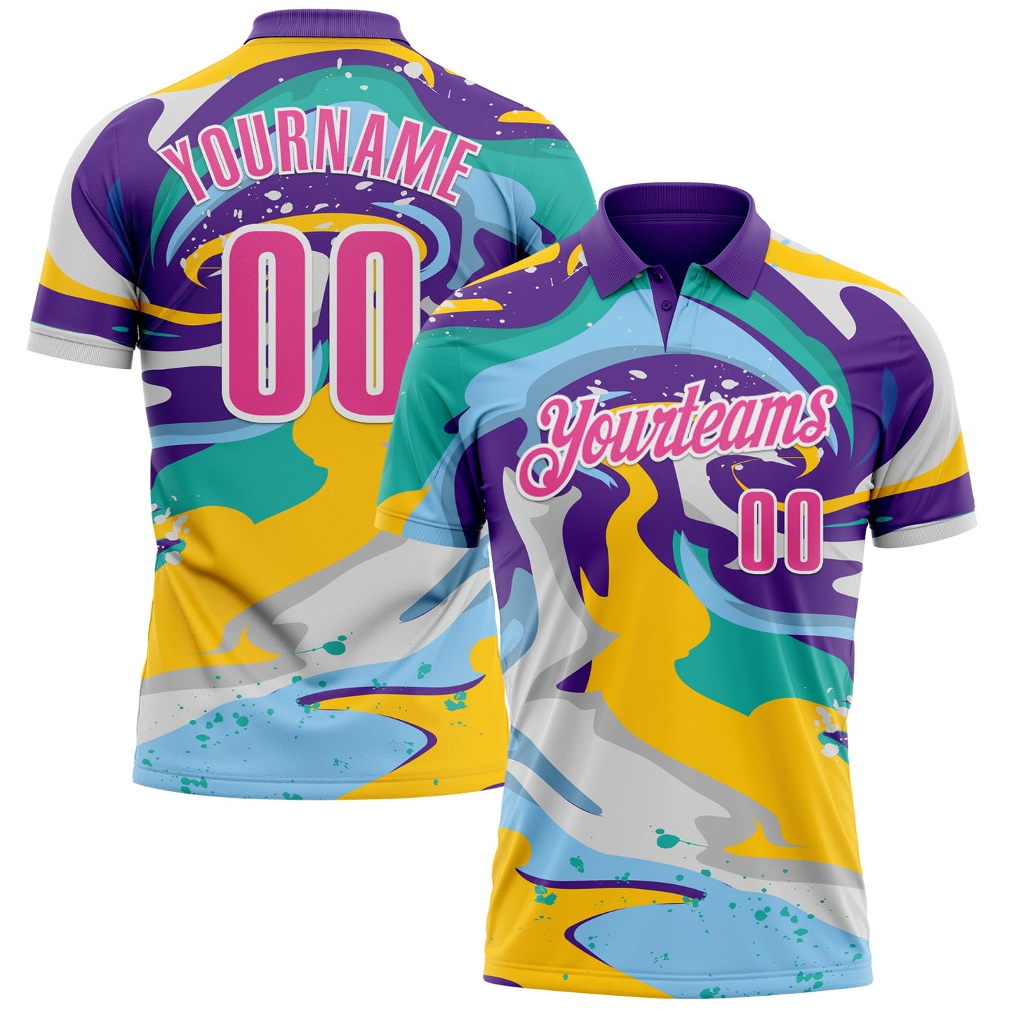Custom Purple Pink Yellow-Aqua 3D Bowling Splash Ink Performance Polo Shirt - Main View