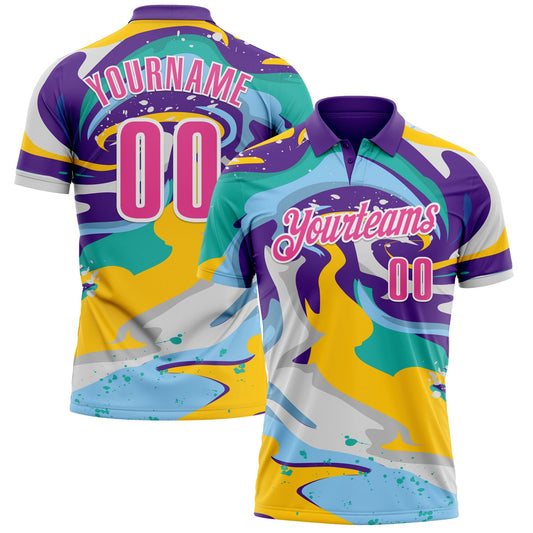 Custom Purple Pink Yellow-Aqua 3D Bowling Splash Ink Performance Polo Shirt - Main View