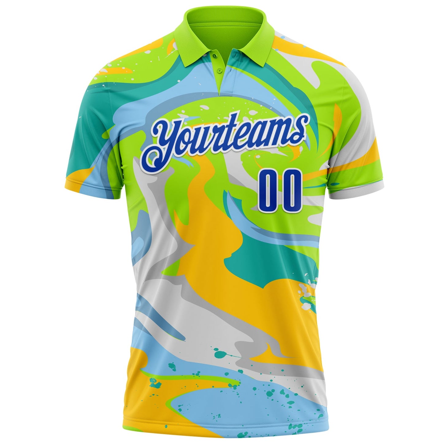 Custom Neon Green Thunder Blue Yellow-Aqua 3D Bowling Splash Ink Performance Polo Shirt view 2
