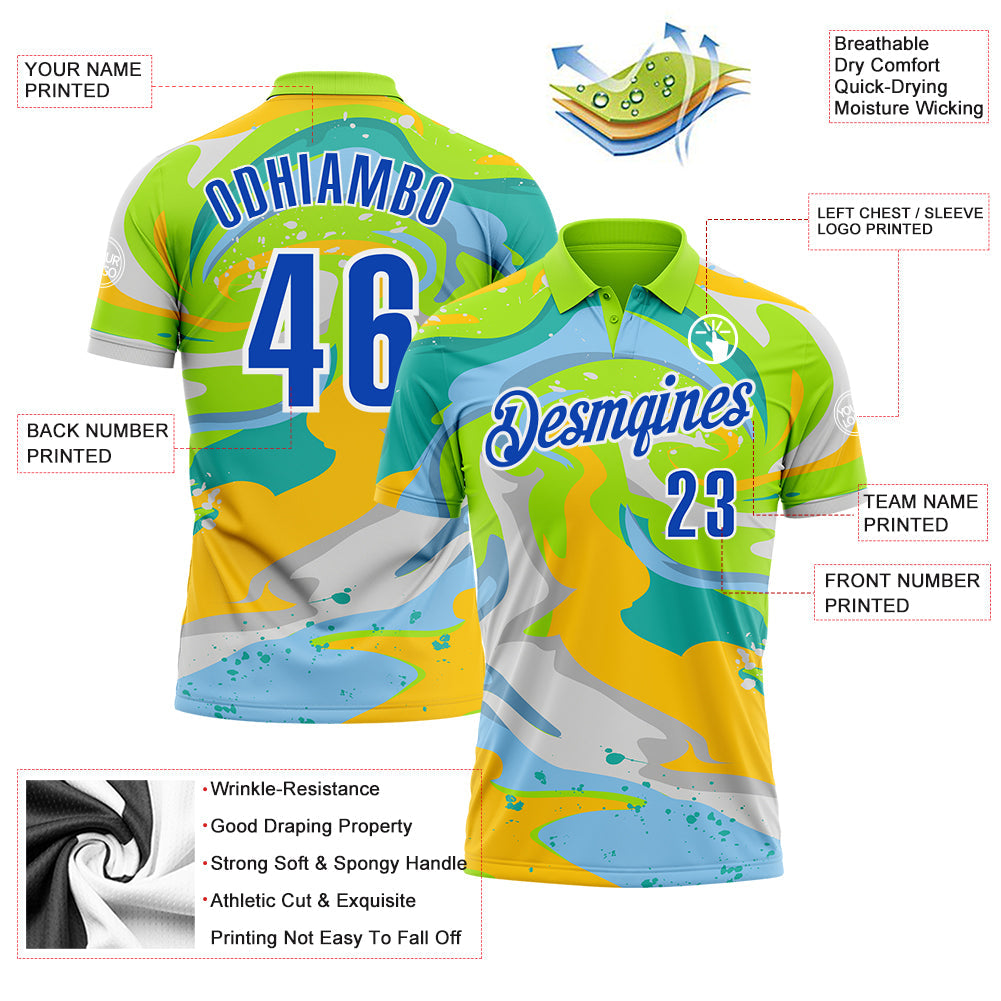 Custom Neon Green Thunder Blue Yellow-Aqua 3D Bowling Splash Ink Performance Polo Shirt view 3