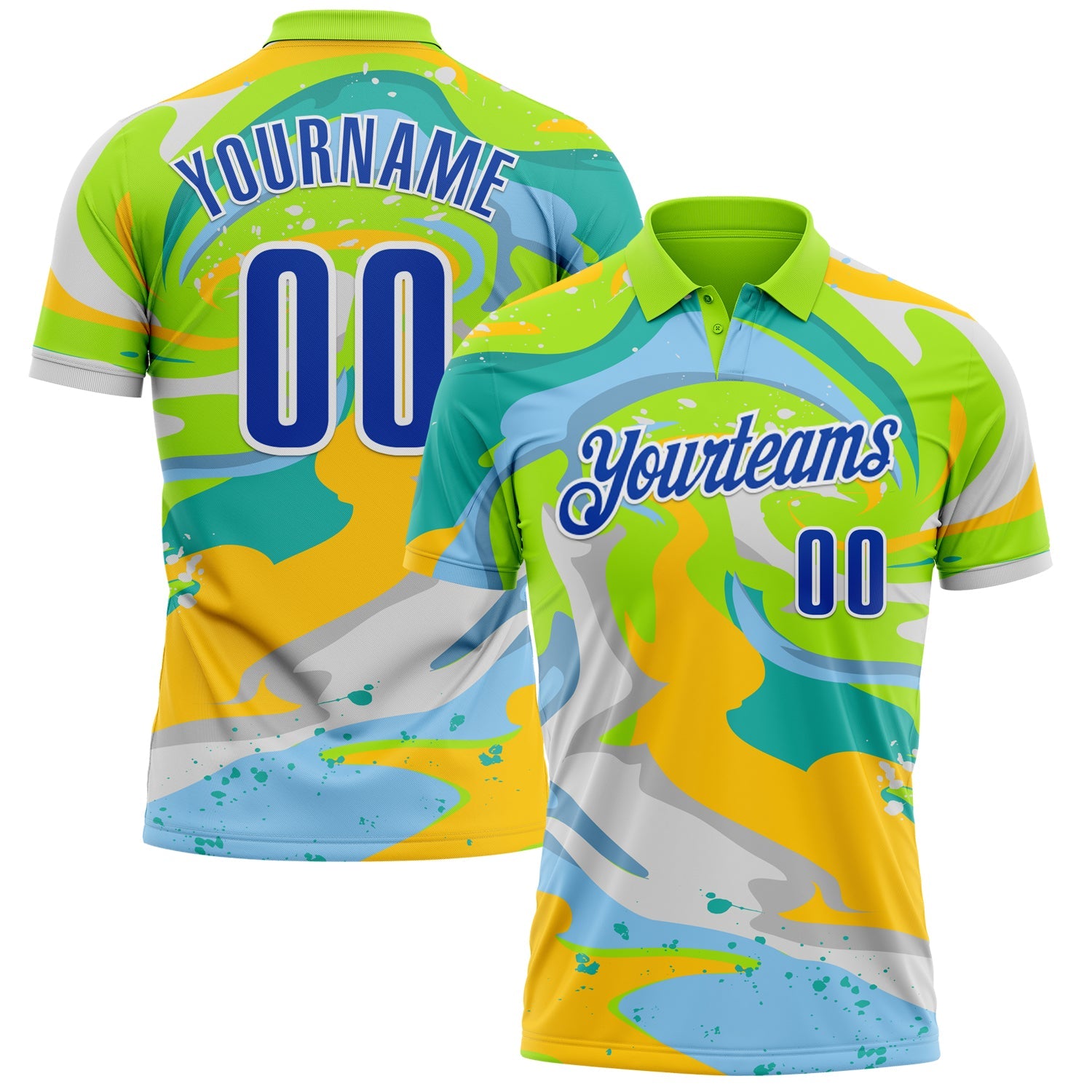 Custom Neon Green Thunder Blue Yellow-Aqua 3D Bowling Splash Ink Performance Polo Shirt - Main View