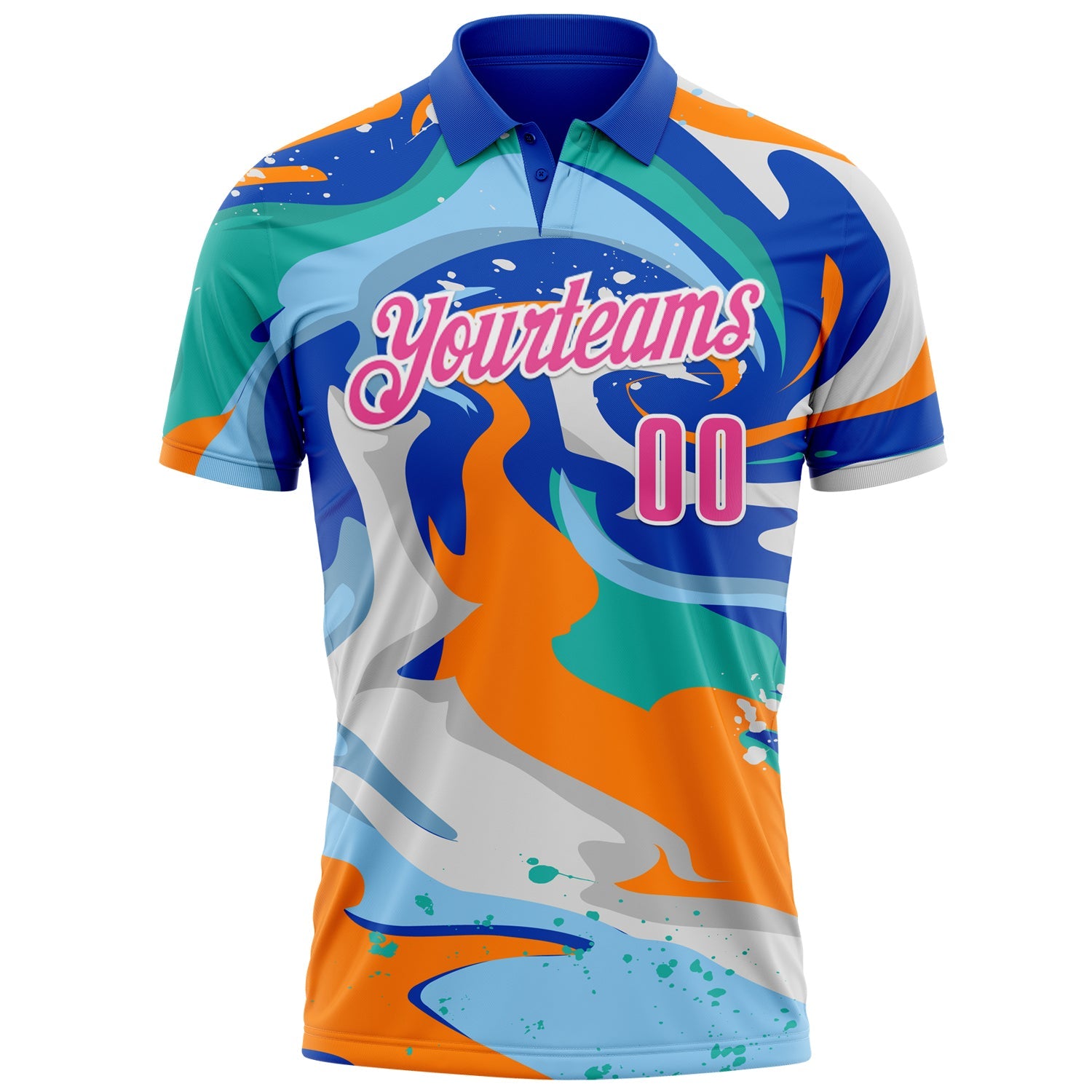 Custom Thunder Blue Pink Bay Orange-Aqua 3D Bowling Splash Ink Performance Polo Shirt view 2
