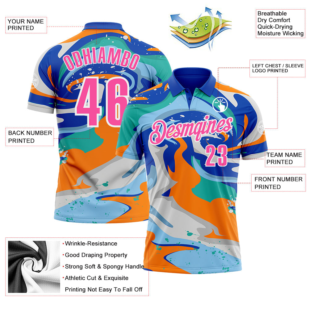 Custom Thunder Blue Pink Bay Orange-Aqua 3D Bowling Splash Ink Performance Polo Shirt view 3