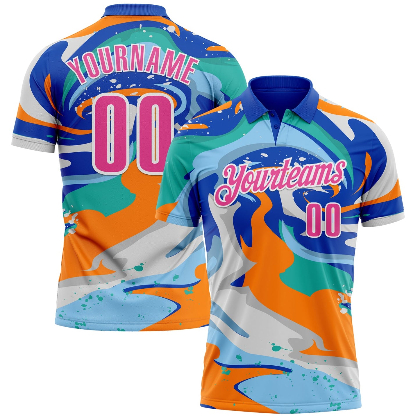 Custom Thunder Blue Pink Bay Orange-Aqua 3D Bowling Splash Ink Performance Polo Shirt - Main View