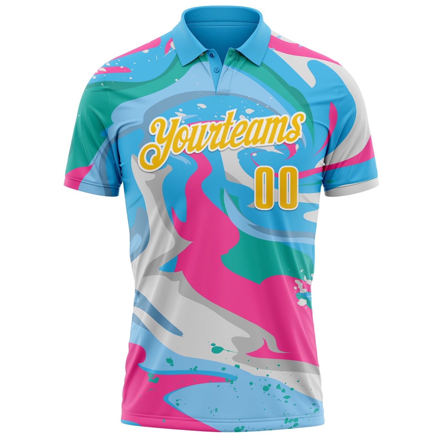 Custom Sky Blue Yellow Pink-Aqua 3D Bowling Splash Ink Performance Polo Shirt view 2
