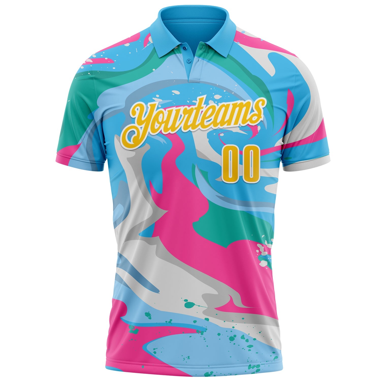 Custom Sky Blue Yellow Pink-Aqua 3D Bowling Splash Ink Performance Polo Shirt view 2