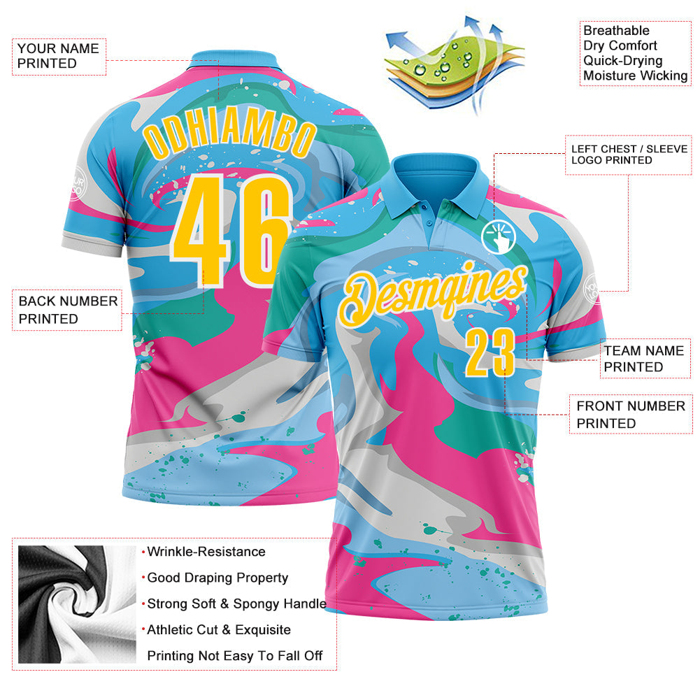 Custom Sky Blue Yellow Pink-Aqua 3D Bowling Splash Ink Performance Polo Shirt view 3