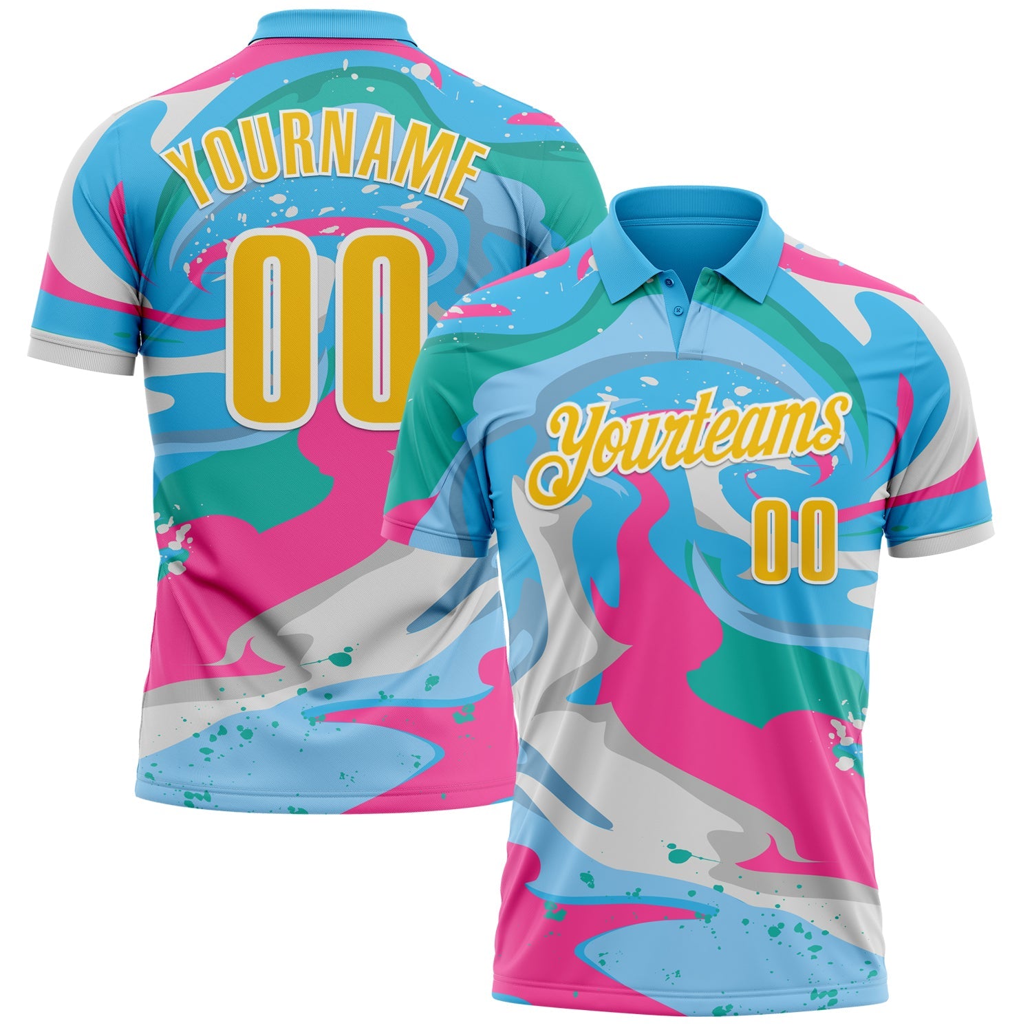 Custom Sky Blue Yellow Pink-Aqua 3D Bowling Splash Ink Performance Polo Shirt - Main View