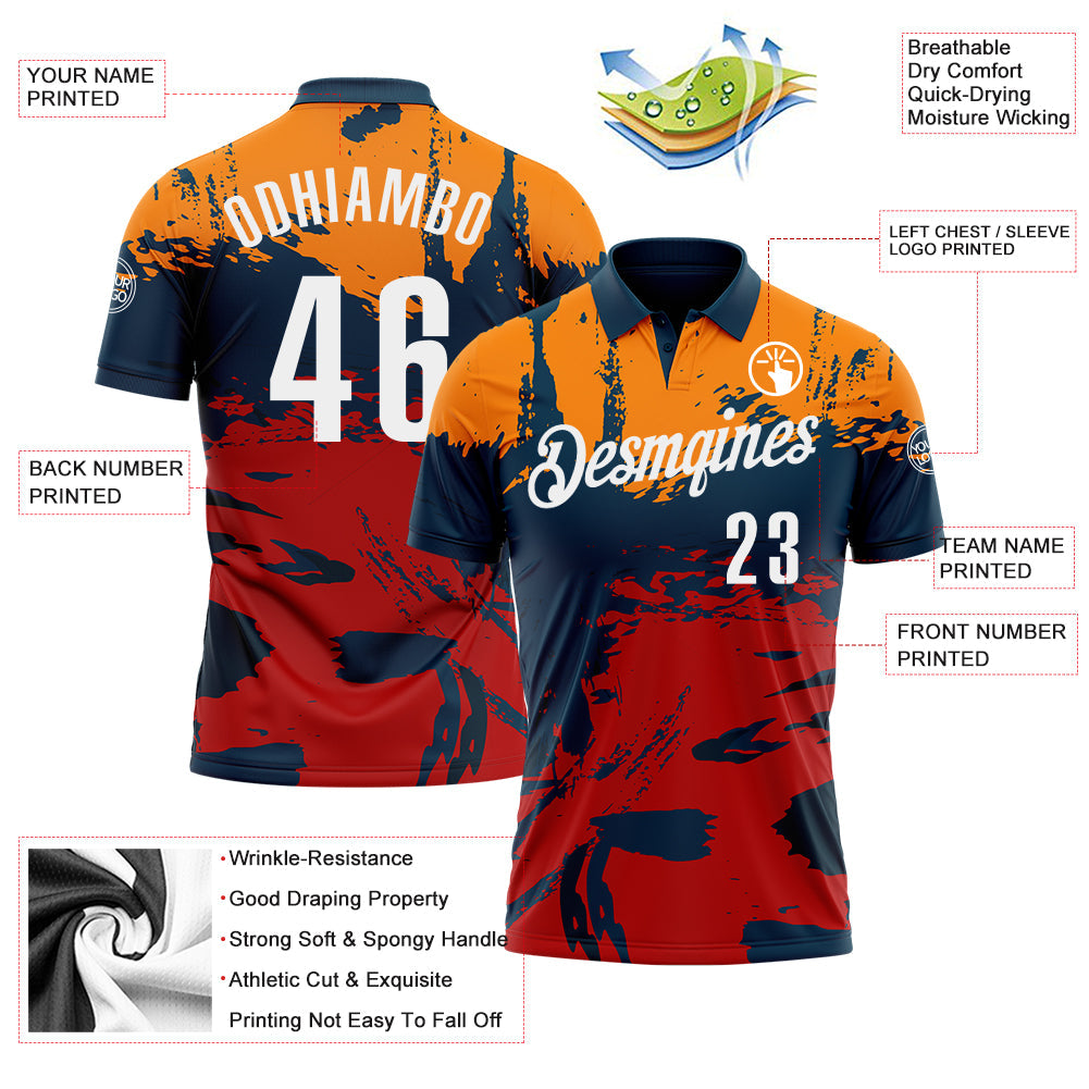 Custom Navy Bay Orange-Red 3D Bowling Splash Ink Performance Polo Shirt view 3