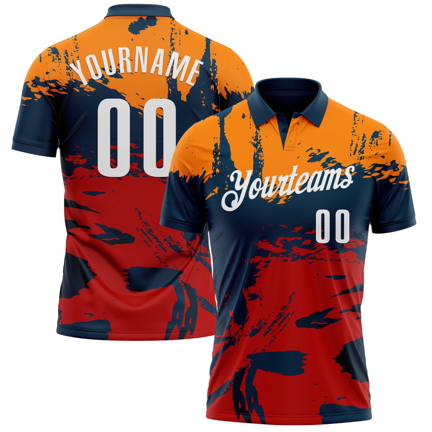 Custom Navy Bay Orange-Red 3D Bowling Splash Ink Performance Polo Shirt - Main View