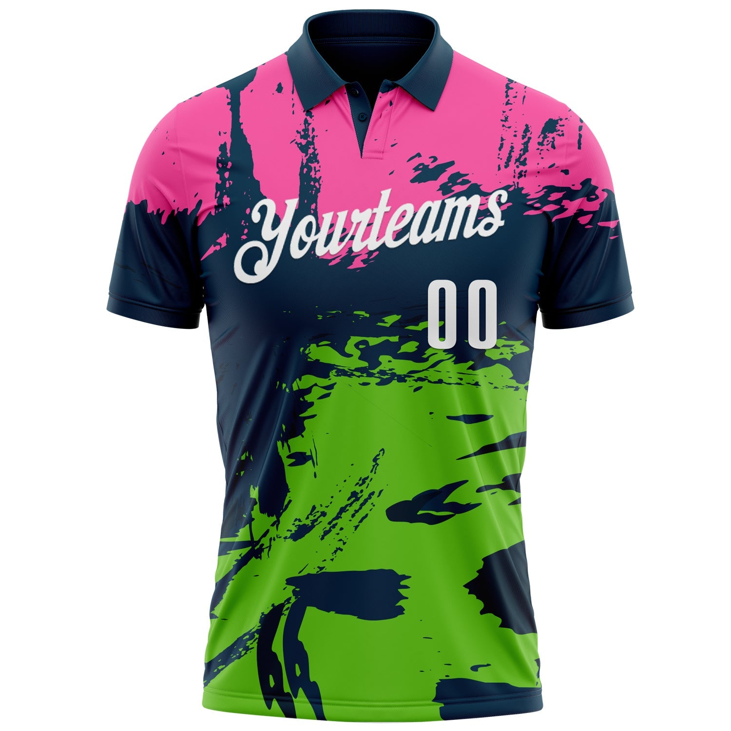 Custom Navy Pink-Aurora Green 3D Bowling Splash Ink Performance Polo Shirt view 2