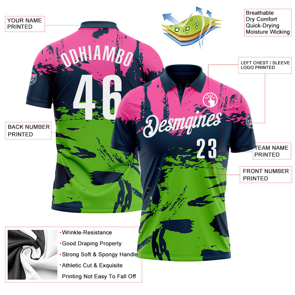 Custom Navy Pink-Aurora Green 3D Bowling Splash Ink Performance Polo Shirt view 3