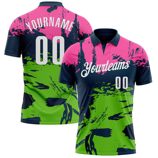 Custom Navy Pink-Aurora Green 3D Bowling Splash Ink Performance Polo Shirt - Main View