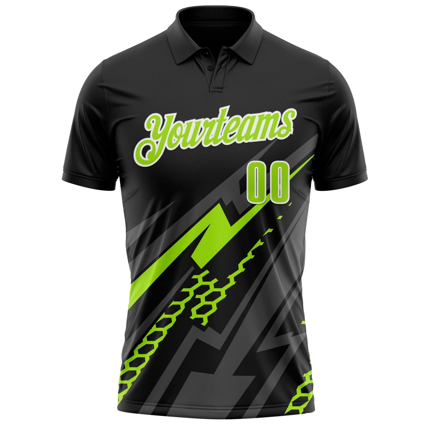 Custom Black Neon Green-White 3D Bowling Geometric Shape Performance Polo Shirt view 2