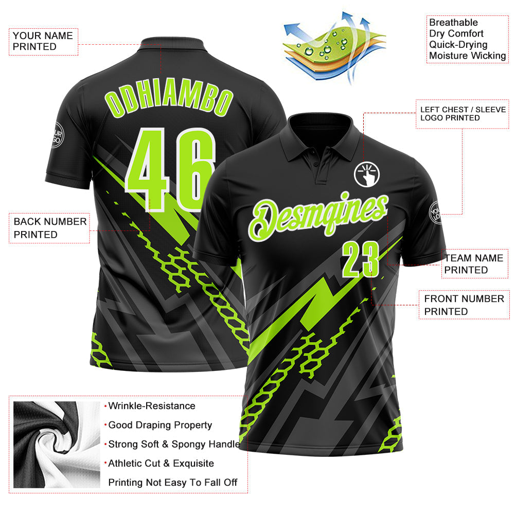 Custom Black Neon Green-White 3D Bowling Geometric Shape Performance Polo Shirt view 3