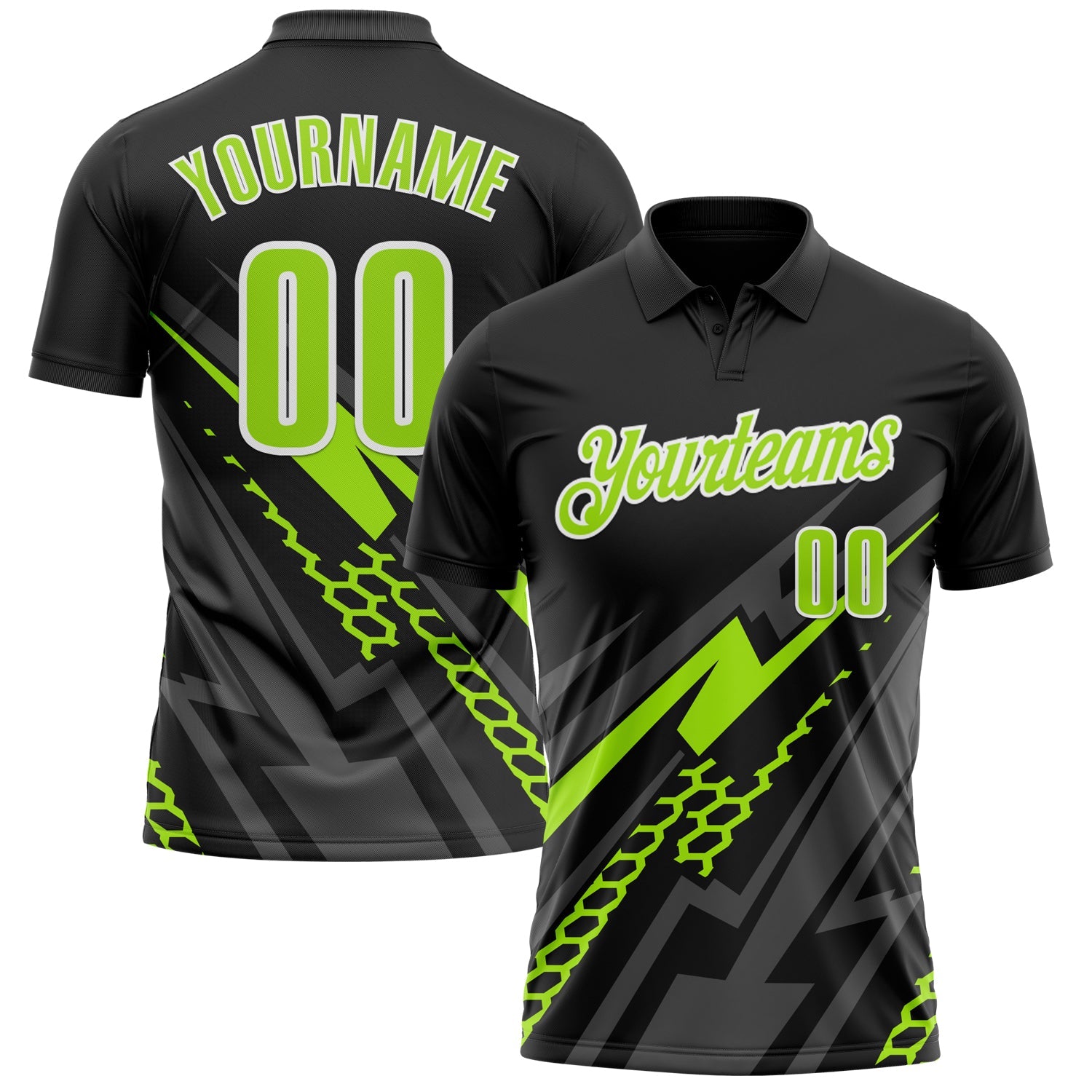 Custom Black Neon Green-White 3D Bowling Geometric Shape Performance Polo Shirt - Main View