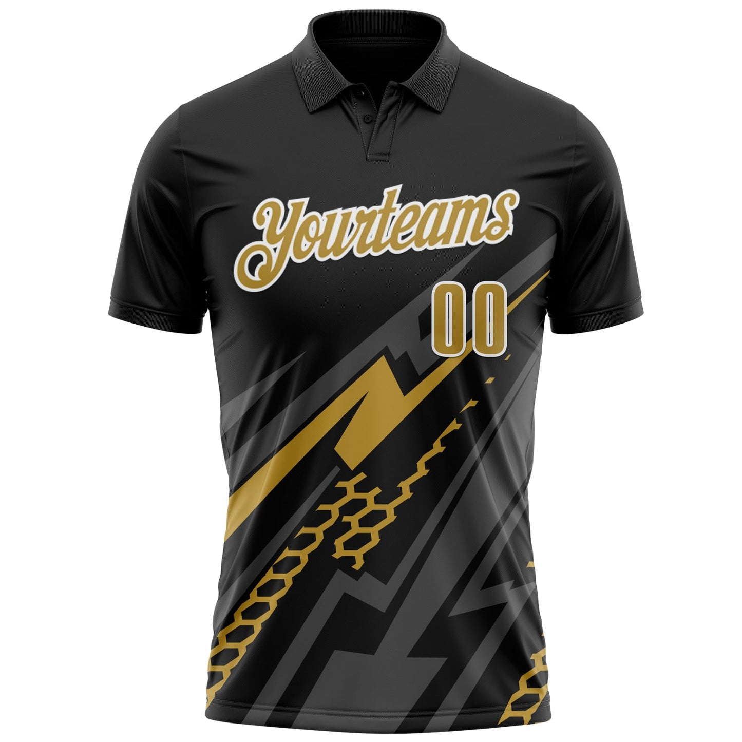 Custom Black Old Gold-White 3D Bowling Geometric Shape Performance Polo Shirt view 2