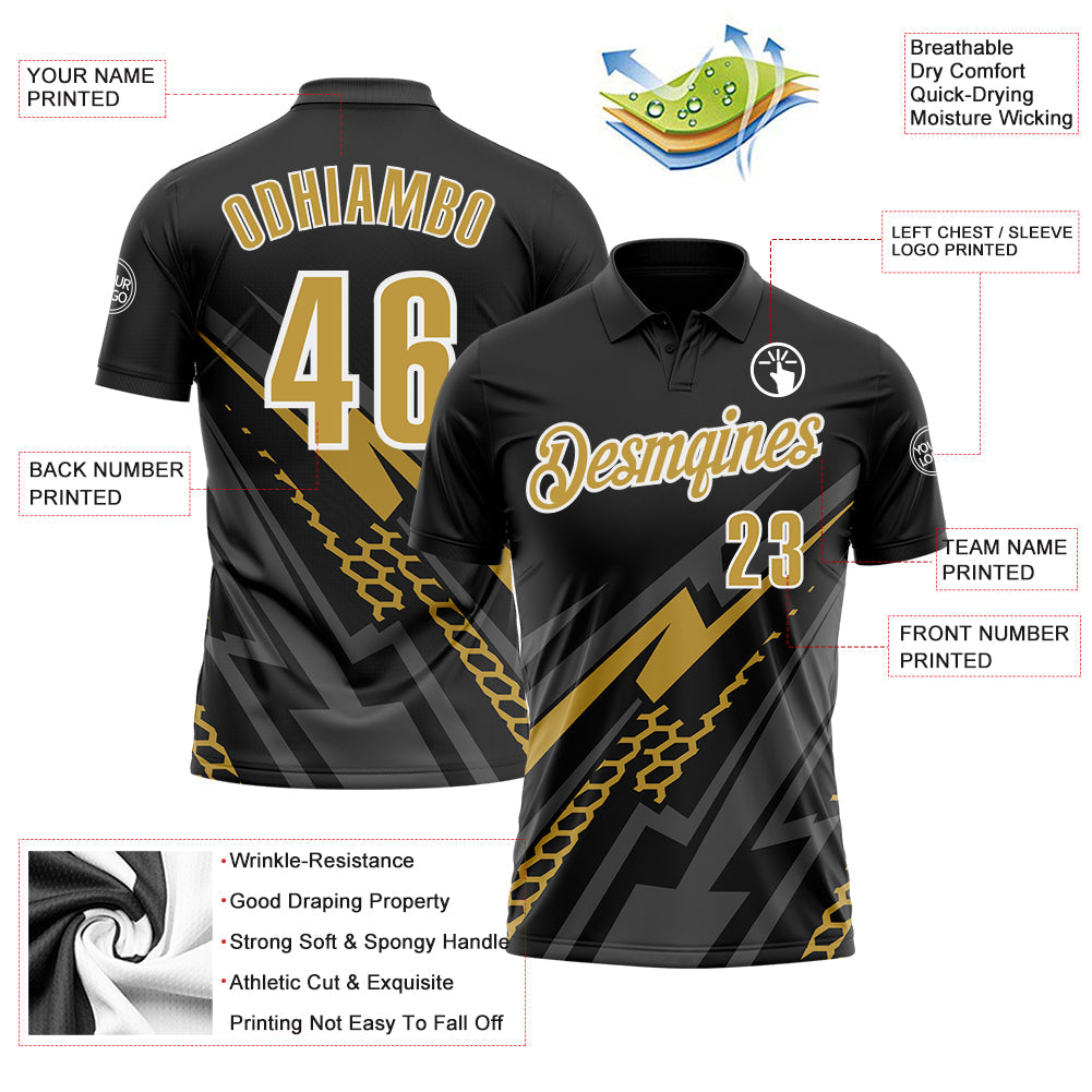 Custom Black Old Gold-White 3D Bowling Geometric Shape Performance Polo Shirt view 3