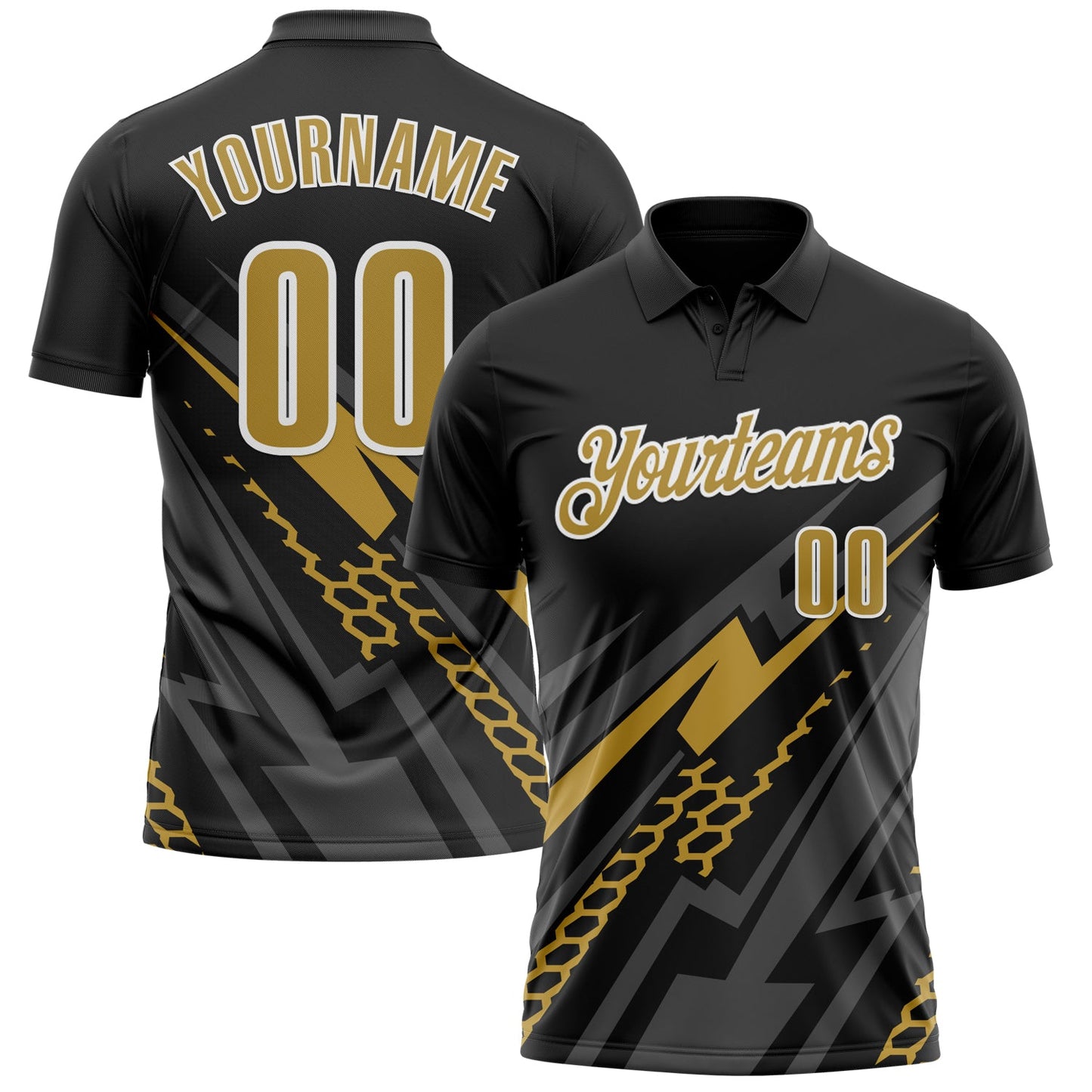 Custom Black Old Gold-White 3D Bowling Geometric Shape Performance Polo Shirt - Main View