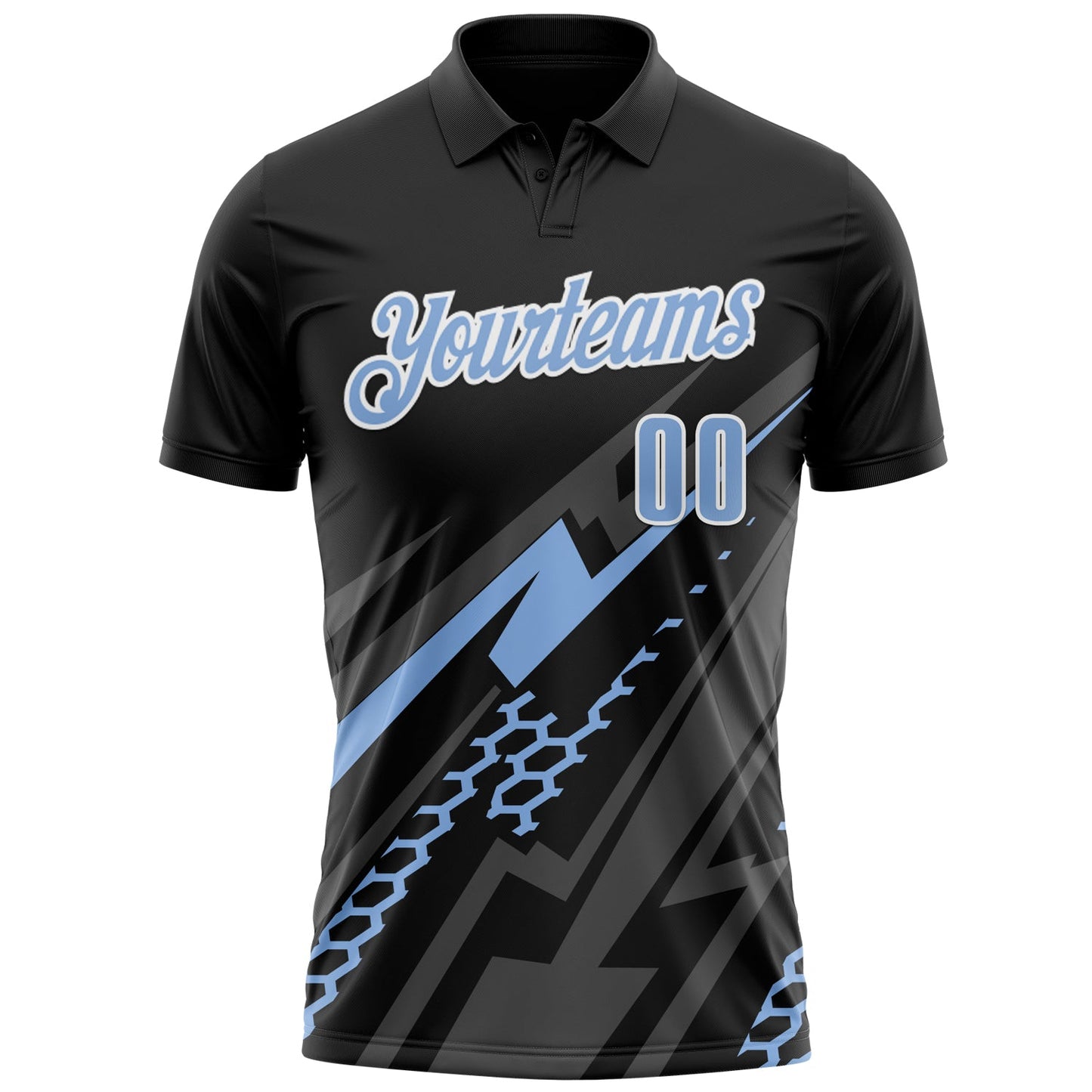 Custom Black Light Blue-White 3D Bowling Geometric Shape Performance Polo Shirt view 2