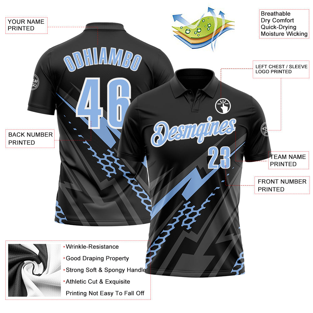 Custom Black Light Blue-White 3D Bowling Geometric Shape Performance Polo Shirt view 3