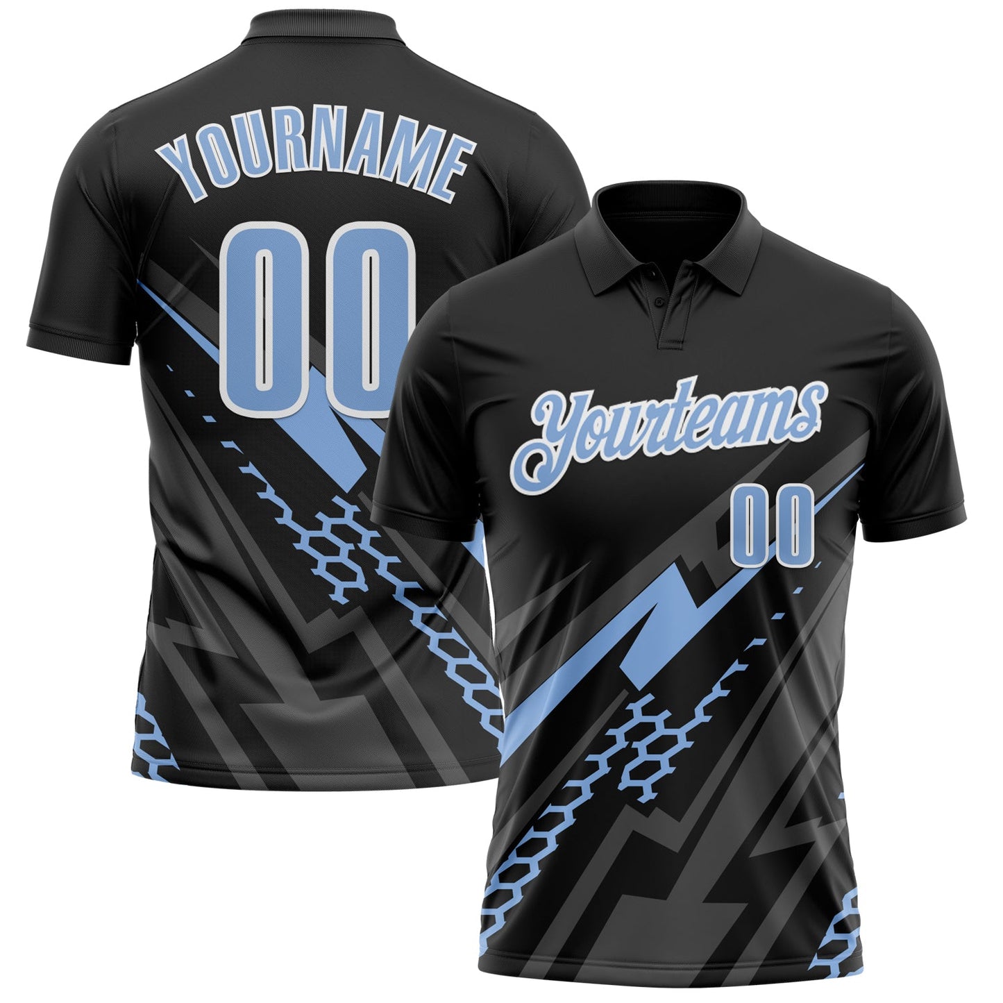 Custom Black Light Blue-White 3D Bowling Geometric Shape Performance Polo Shirt - Main View