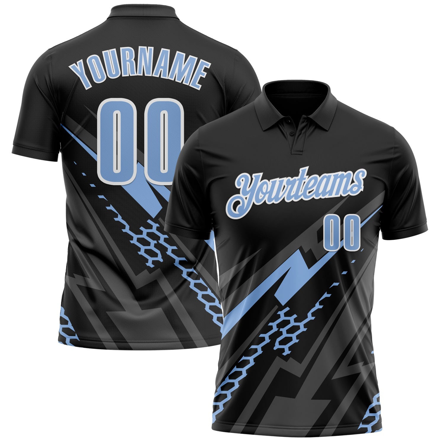 Custom Black Light Blue-White 3D Bowling Geometric Shape Performance Polo Shirt - Main View