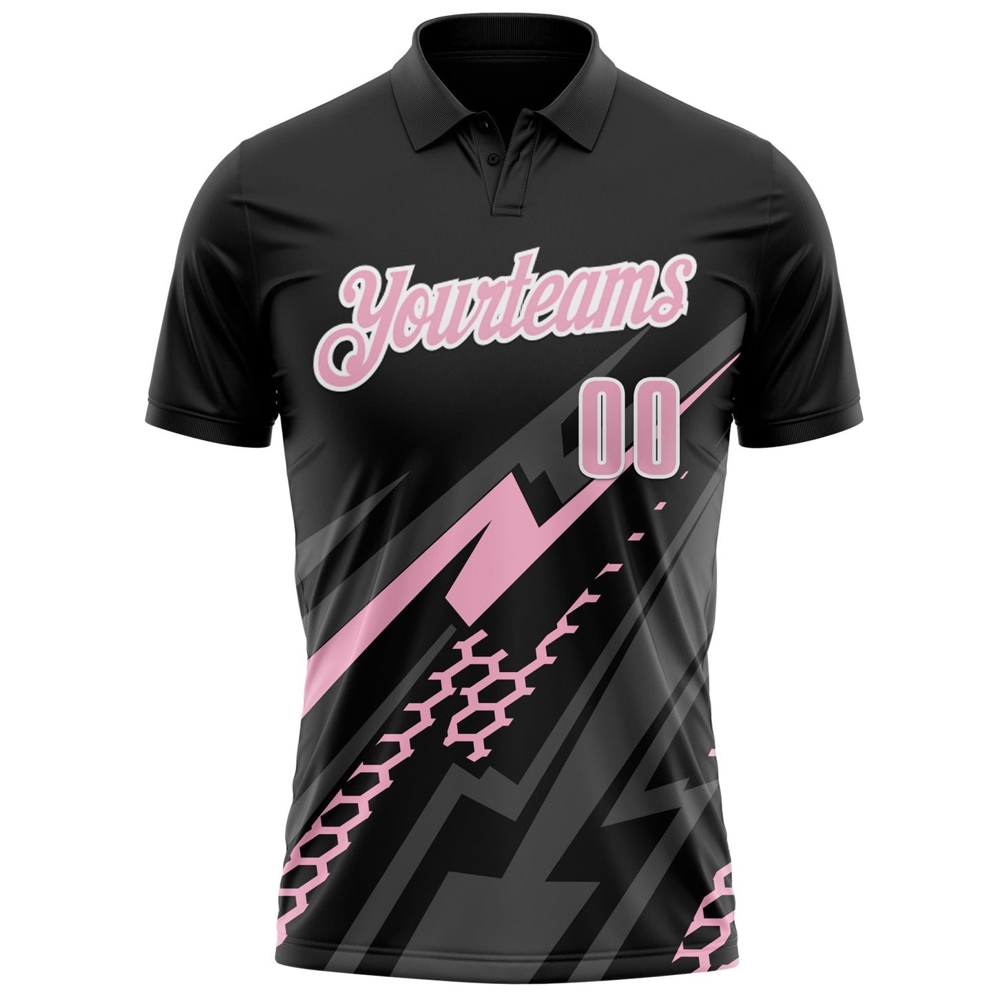 Custom Black Light Pink-White 3D Bowling Geometric Shape Performance Polo Shirt view 2