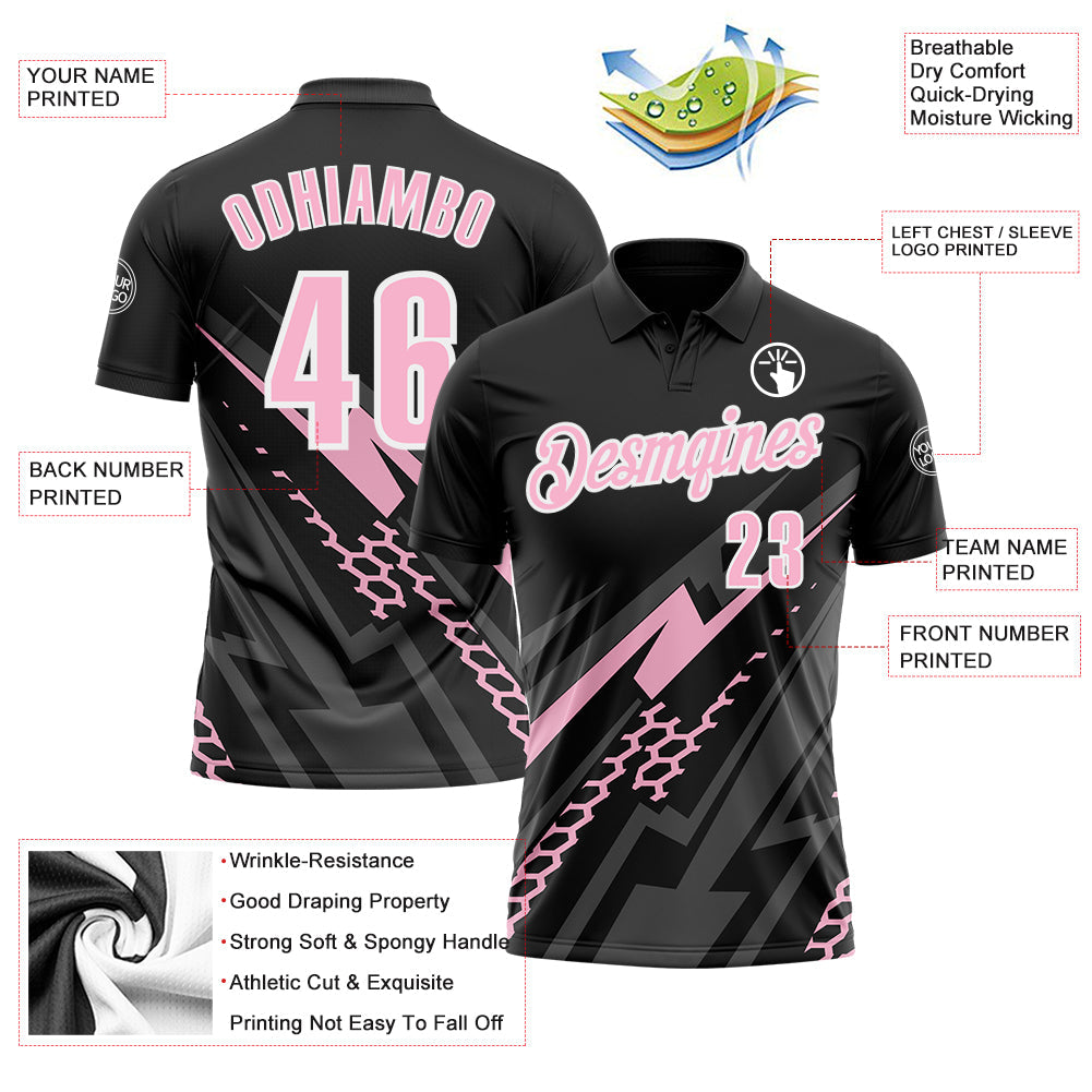 Custom Black Light Pink-White 3D Bowling Geometric Shape Performance Polo Shirt view 3
