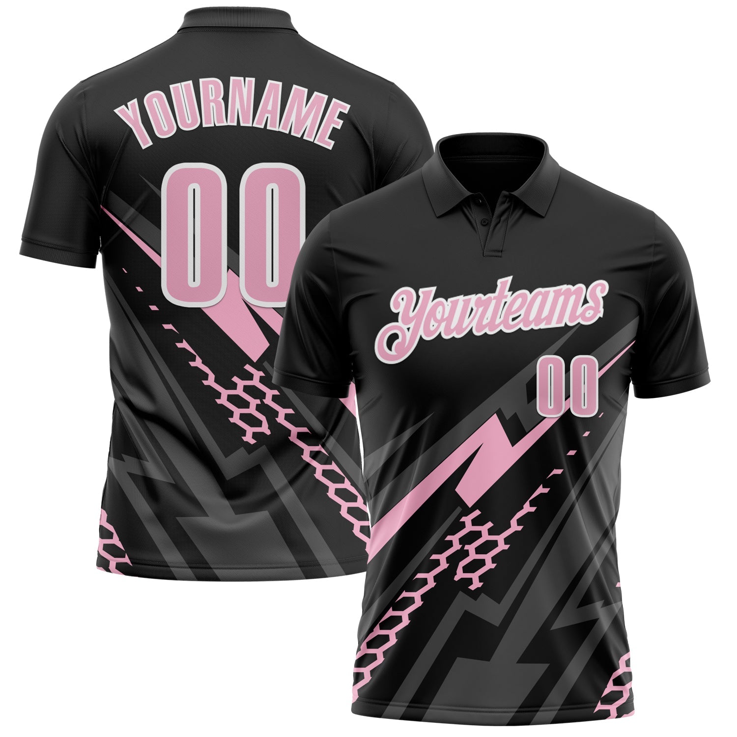 Custom Black Light Pink-White 3D Bowling Geometric Shape Performance Polo Shirt - Main View