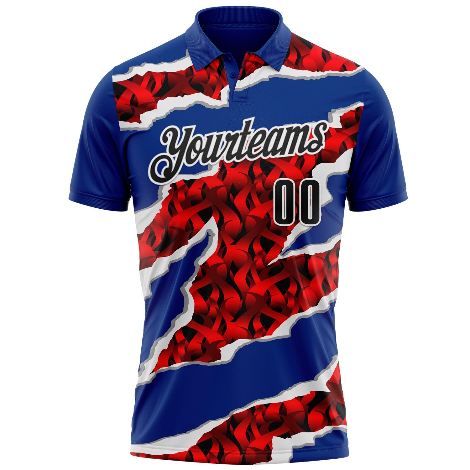 Custom Royal Black-Red 3D Bowling Torn Paper Style Performance Polo Shirt view 2