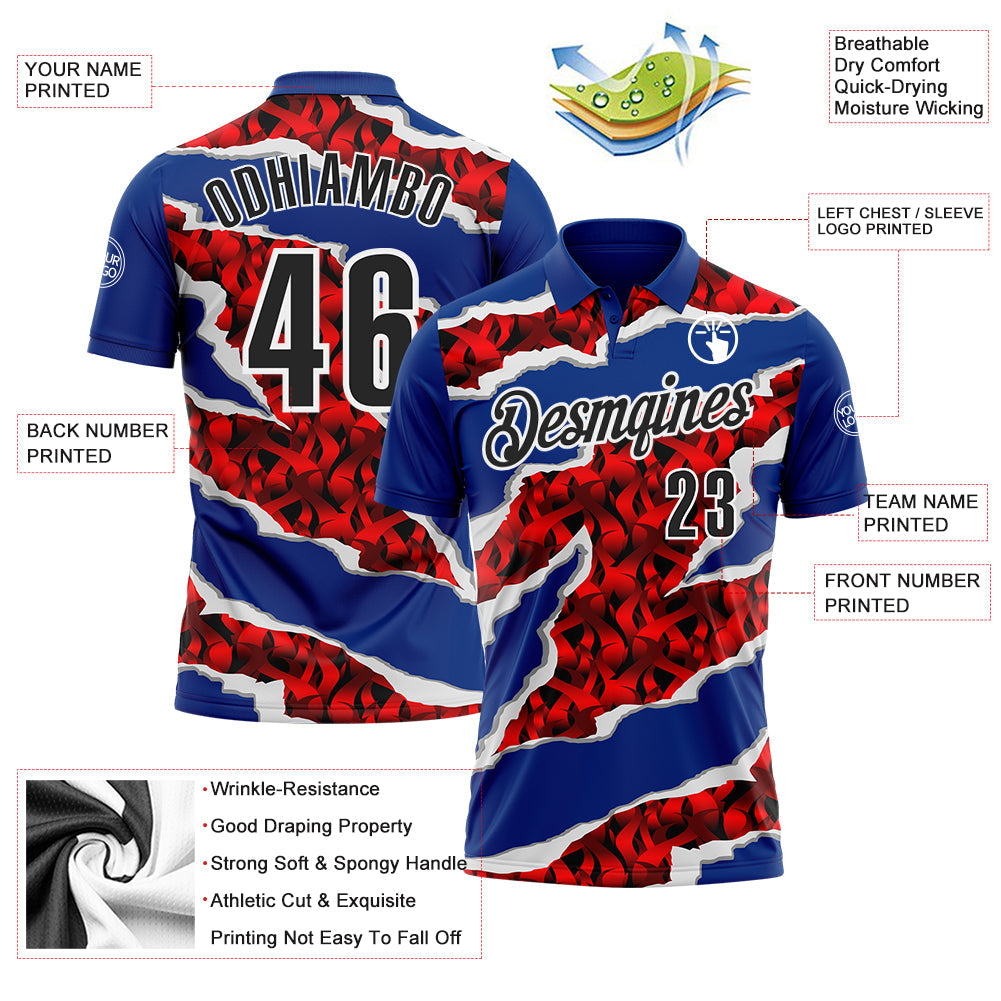 Custom Royal Black-Red 3D Bowling Torn Paper Style Performance Polo Shirt view 3