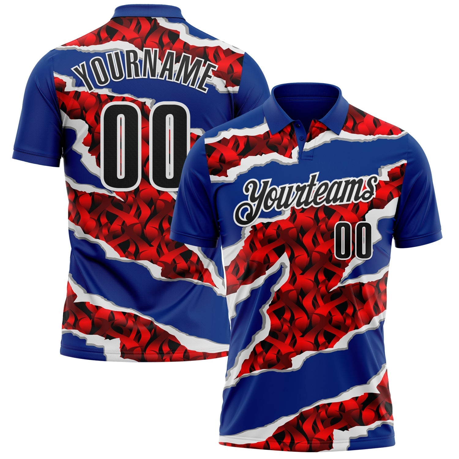 Custom Royal Black-Red 3D Bowling Torn Paper Style Performance Polo Shirt - Main View