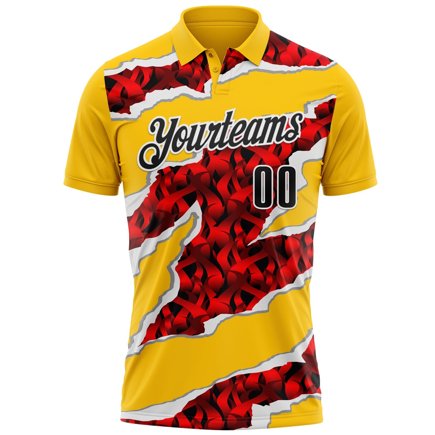 Custom Yellow Black-Red 3D Bowling Torn Paper Style Performance Polo Shirt view 2