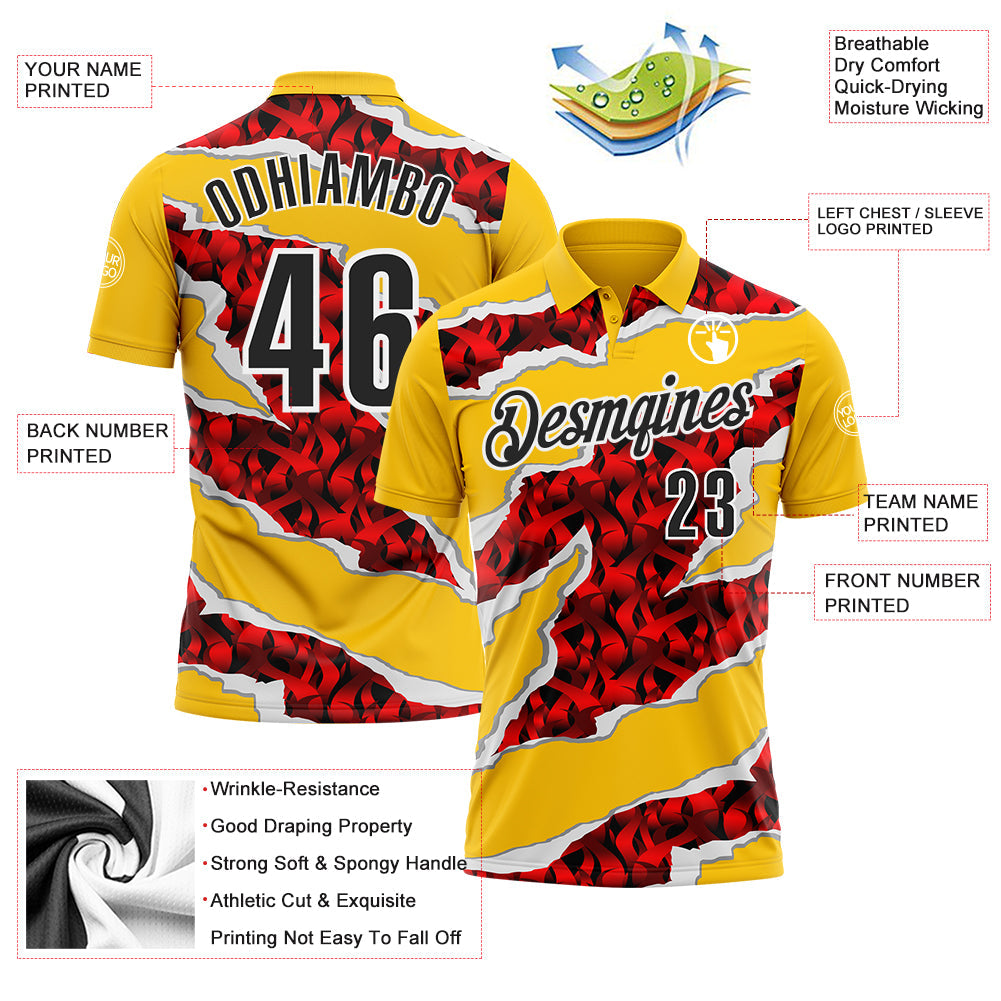 Custom Yellow Black-Red 3D Bowling Torn Paper Style Performance Polo Shirt view 3