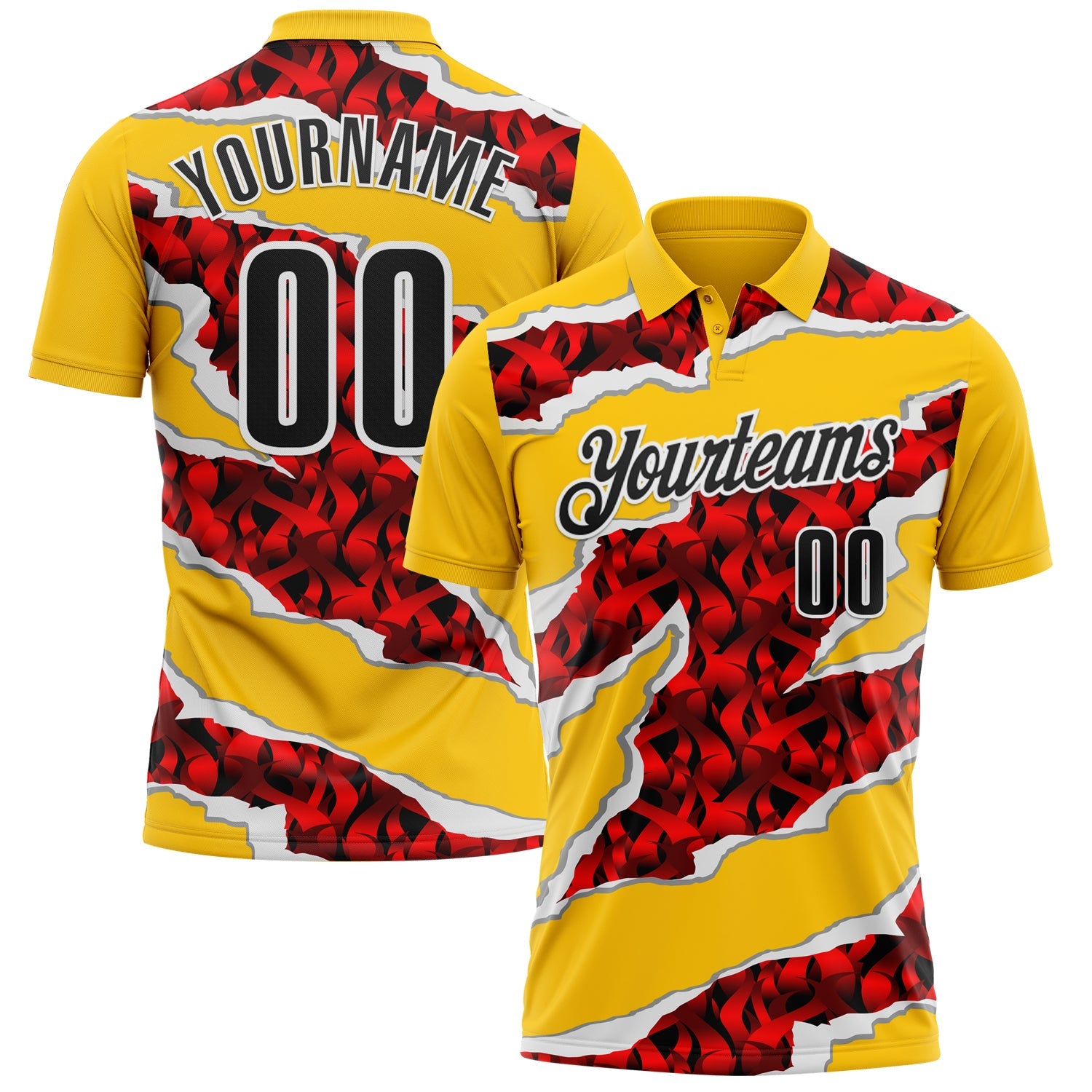 Custom Yellow Black-Red 3D Bowling Torn Paper Style Performance Polo Shirt - Main View