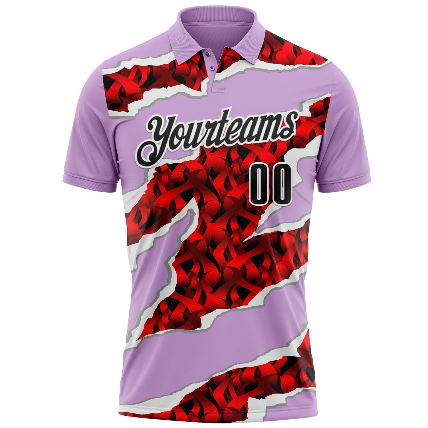 Custom Light Purple Black-Red 3D Bowling Torn Paper Style Performance Polo Shirt view 2