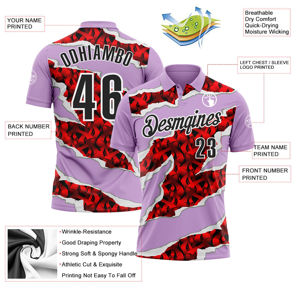 Custom Light Purple Black-Red 3D Bowling Torn Paper Style Performance Polo Shirt view 3