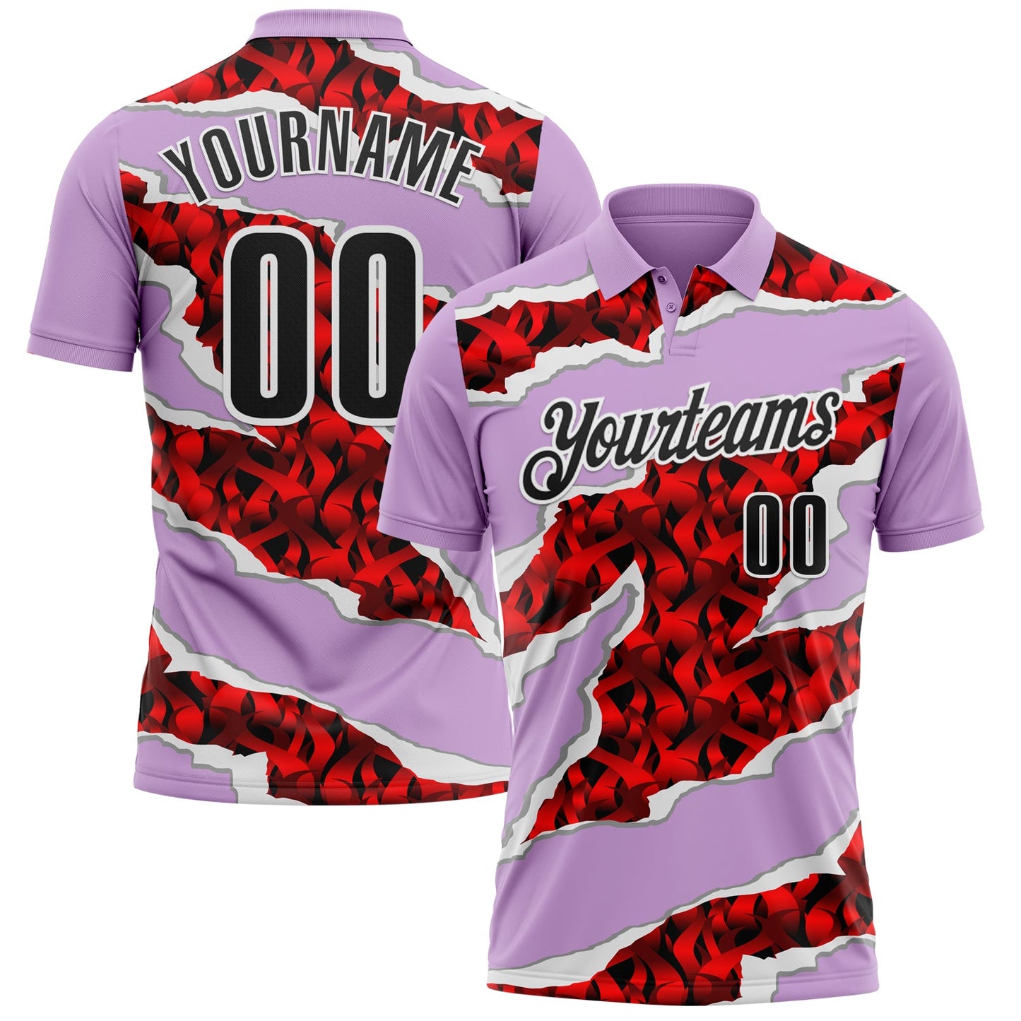 Custom Light Purple Black-Red 3D Bowling Torn Paper Style Performance Polo Shirt - Main View