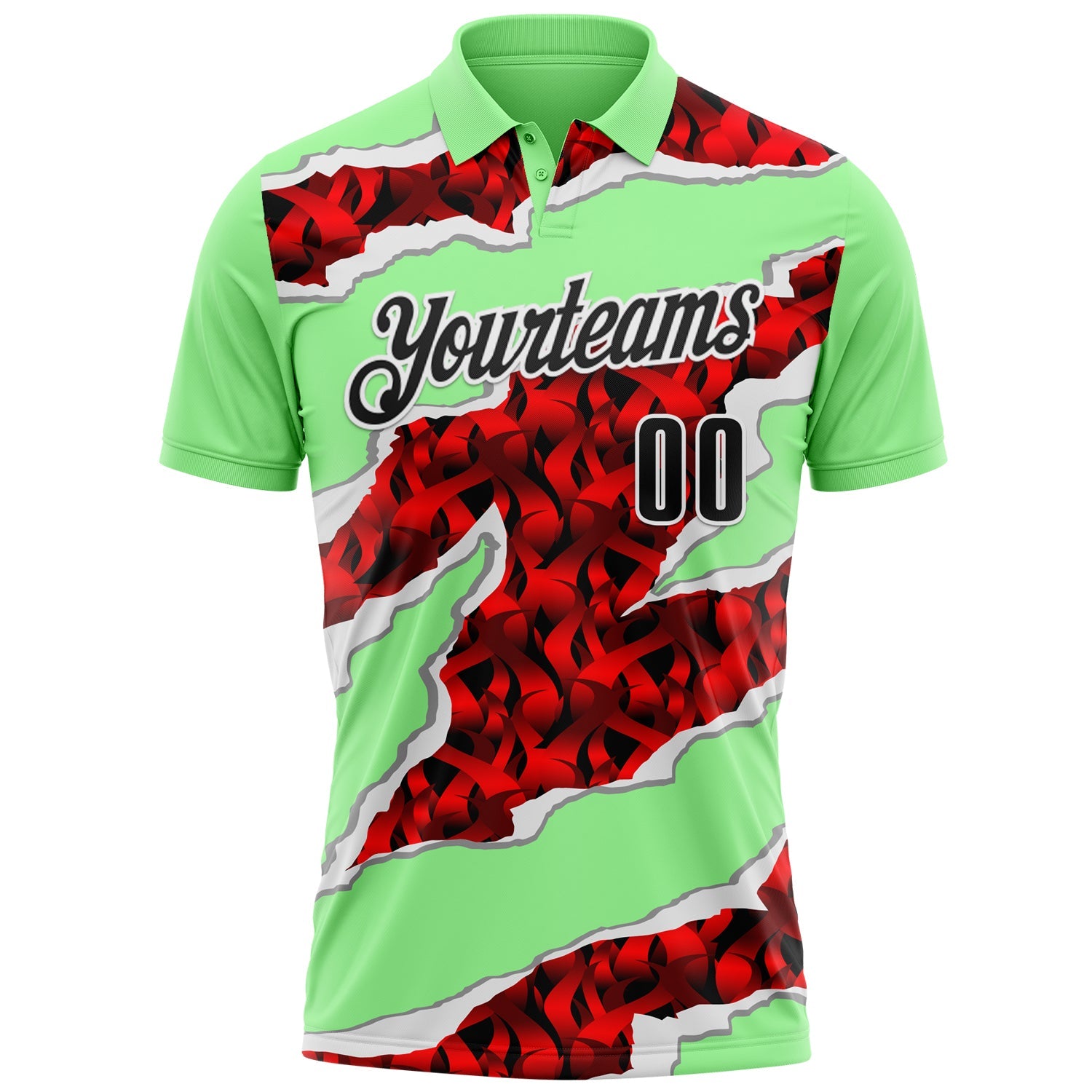 Custom Pea Green Black-Red 3D Bowling Torn Paper Style Performance Polo Shirt view 2