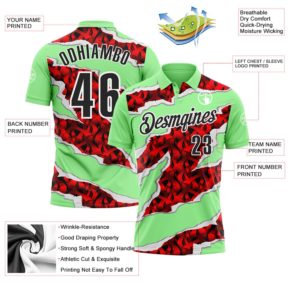 Custom Pea Green Black-Red 3D Bowling Torn Paper Style Performance Polo Shirt view 3